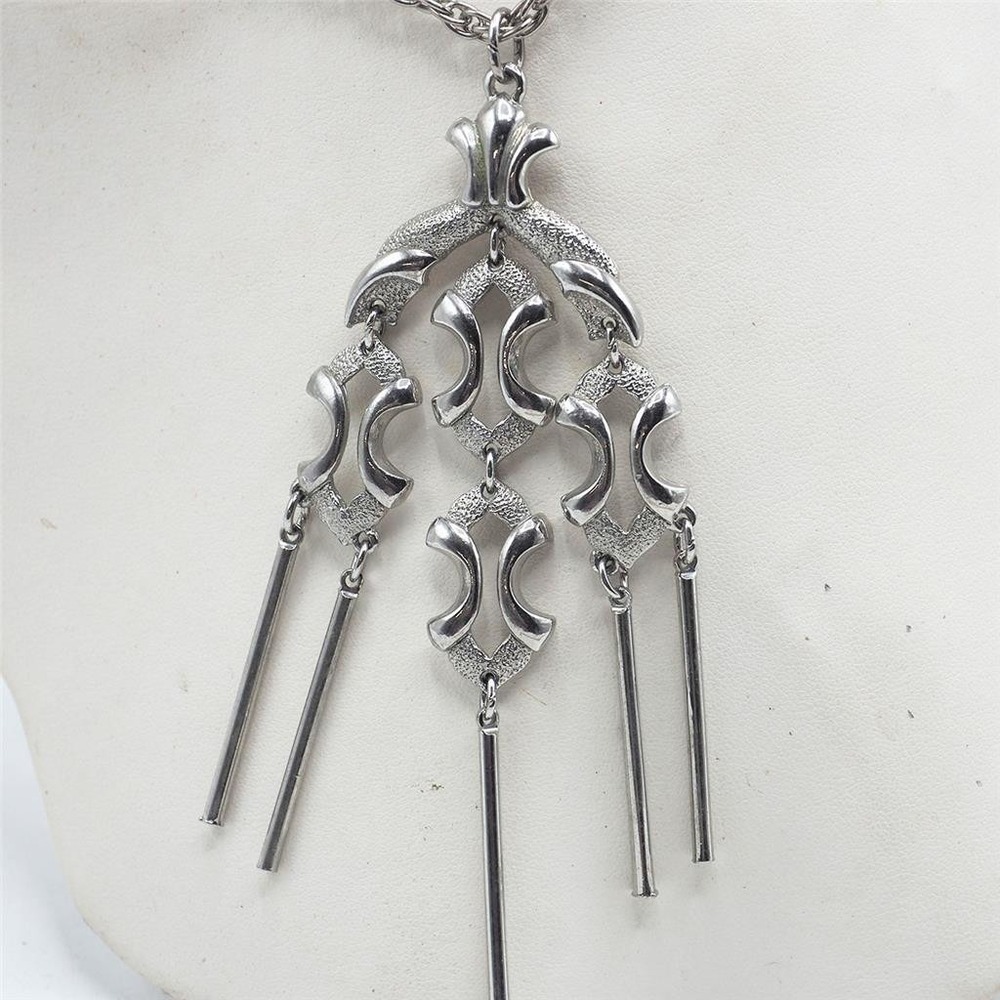 Vintage Statement Necklace Silver Tone Tiered Bar Pendant Costume Jewelry 23"